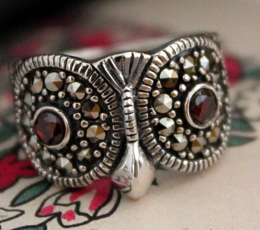 Handmade Vintage Owl Sterling Silver Ring With Marcasite Women